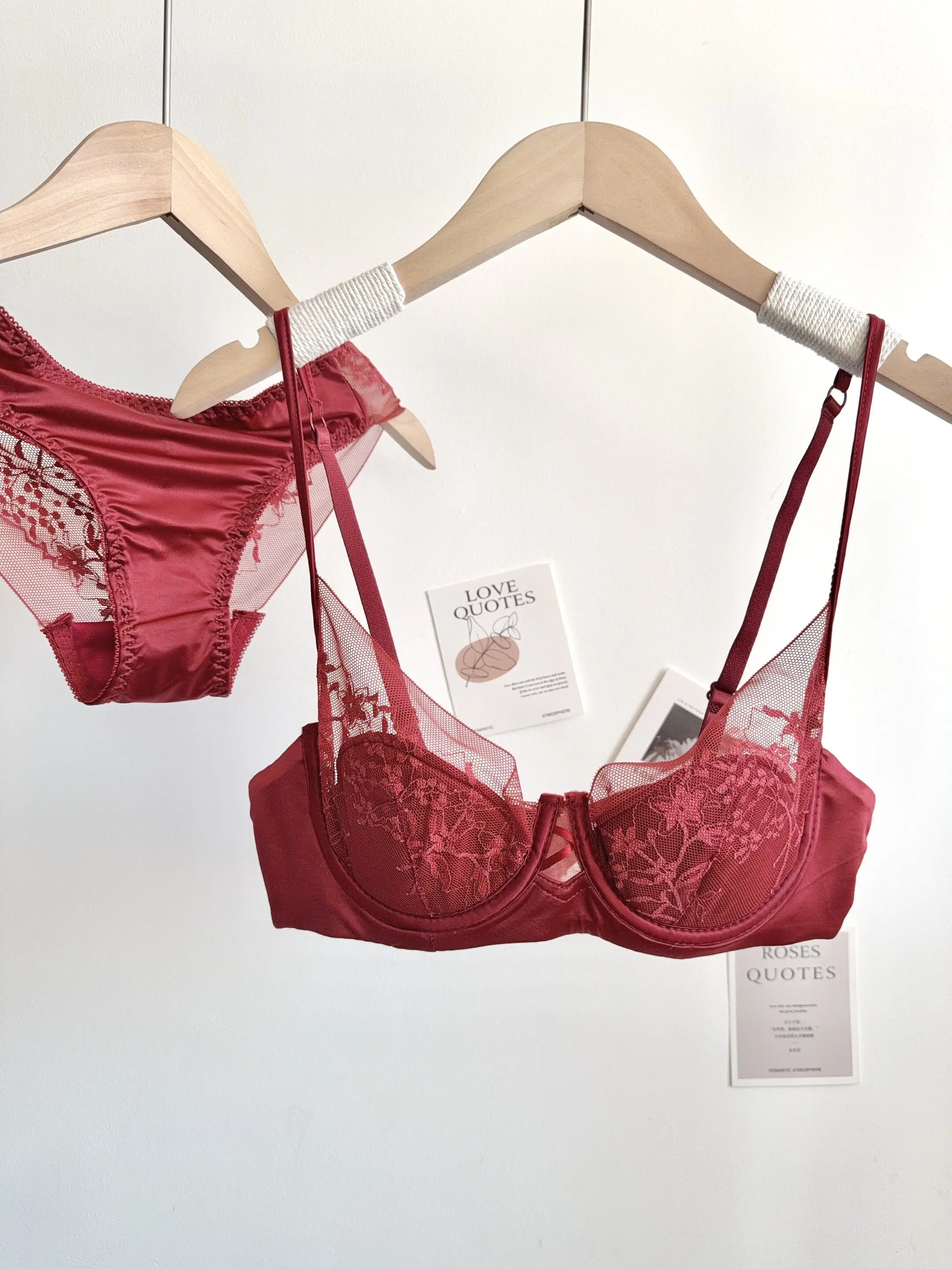 Conjunto de Lencería de Encaje Cómodo para Mujer, Sujetador con Aros Suaves, Copa Delgada, Push-Up, Transpirable, Ropa Interior para Mujeres con Busto Pequeño