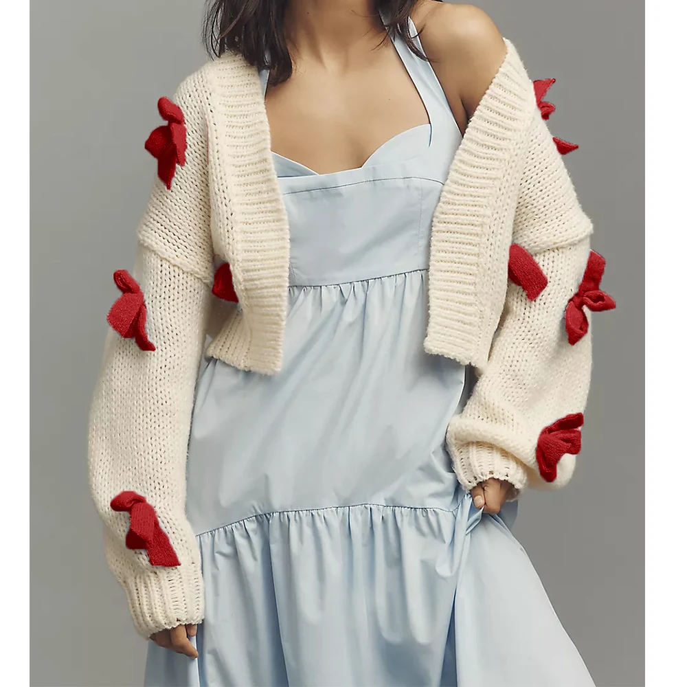 

Women's Autumn Winter Cute Fashion Cardigan Casual Elegant Long Sleeve Loose 3D Bow Cropped Cardigan Coats Tops Outwear