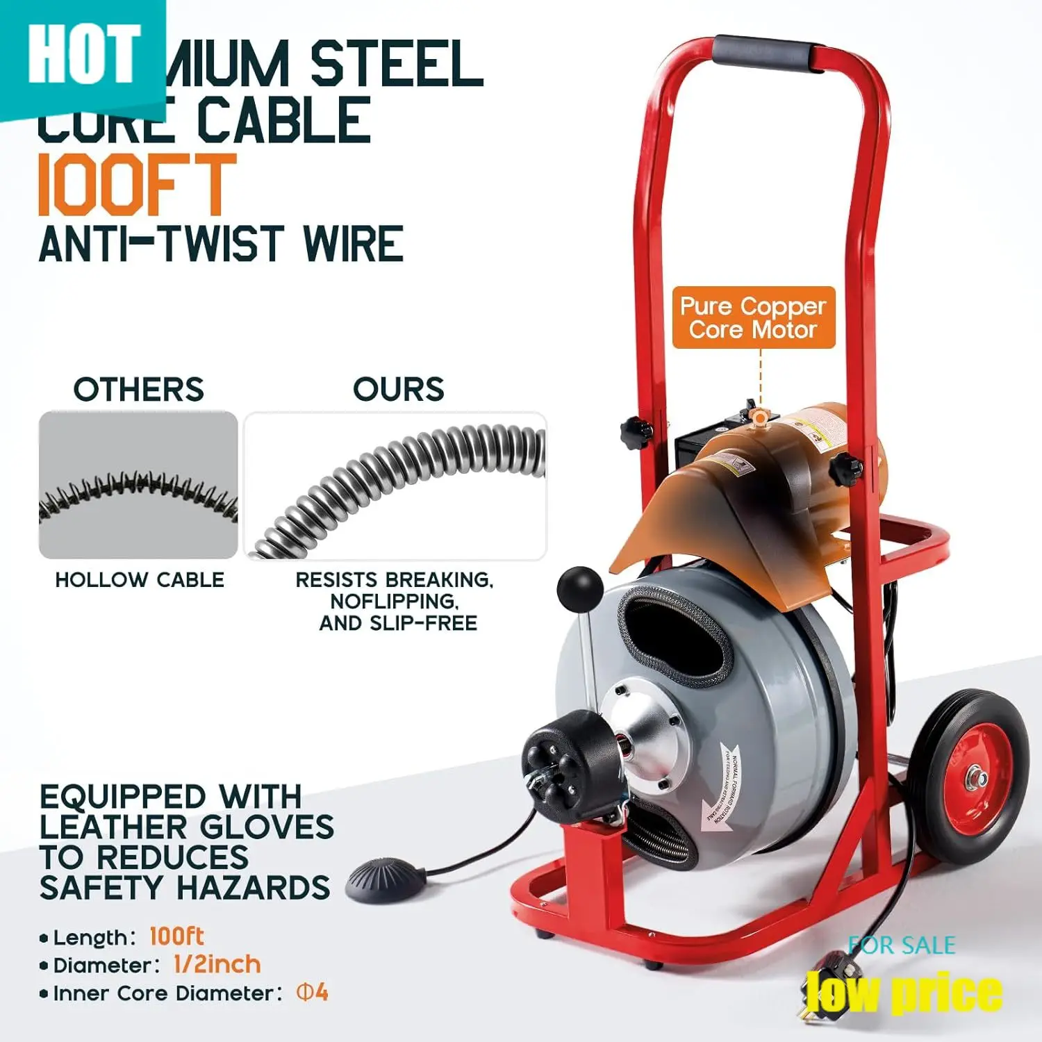 

Электрическая машина для прочистки канализации 100 футов x 1/2 дюйма с автоматической подачей и 10 резцами, канализационный шнур-змея для труб диаметром 1–4 дюйма, ножной переключатель