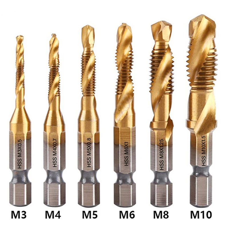 6Pcs Verbindung Gewindebohrer Bohrer Sechskantschaft Titan Überzogene HSS Schraube Gewinde Gewindebohrer Bit Schraube Maschine Gewindebohrer M3 M4 m5 M6 M8 M10 Handwerkzeuge