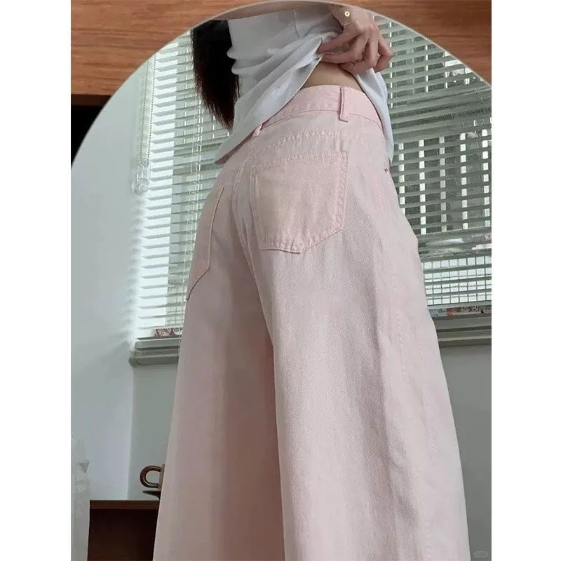 Frauen Rosa Jeans Harajuku Stil Y2k Koreanische Temperament Minimalistischen Büro Mädchen Hohe Taille Lose Gerade Hosen Casual Hosen