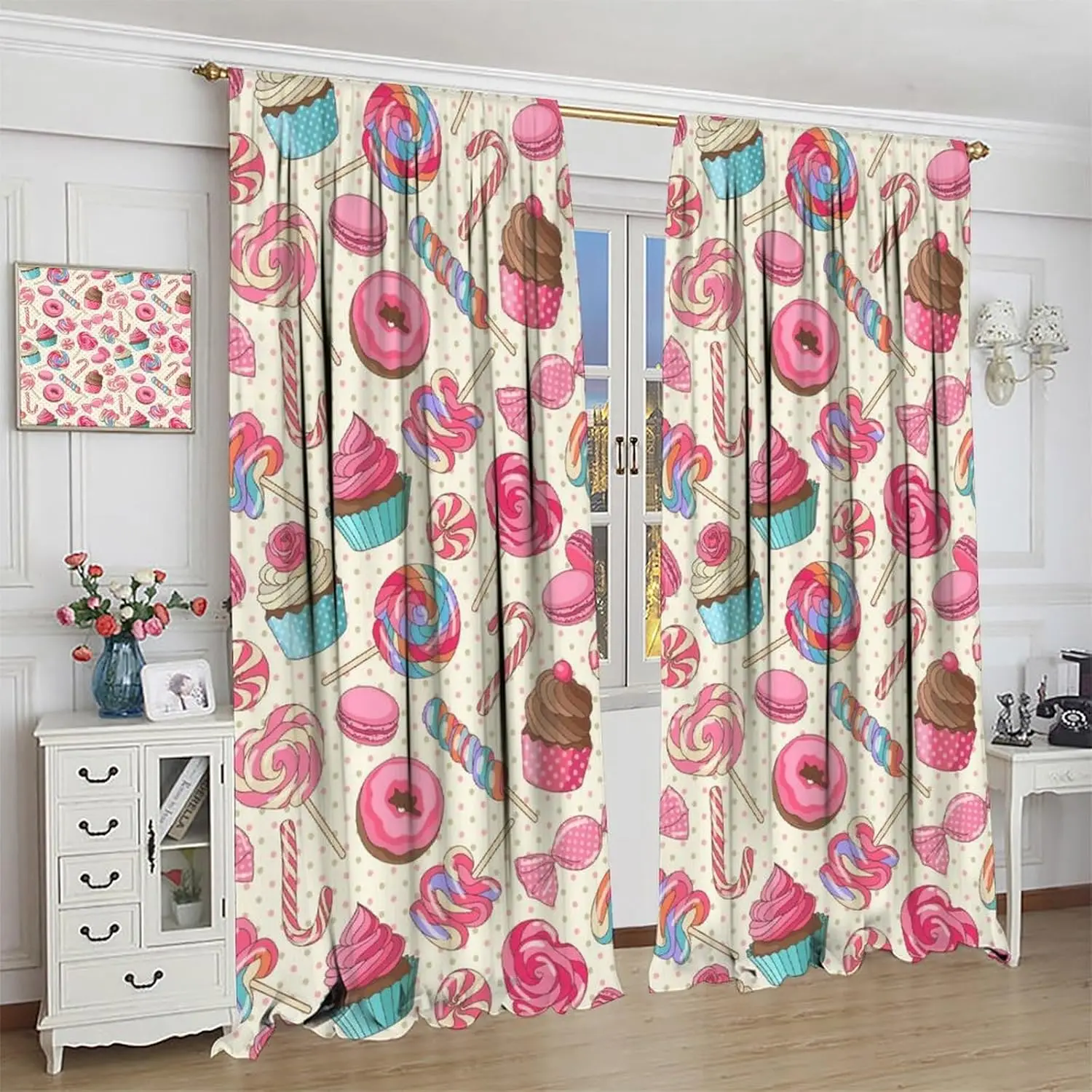 Candy Curtain,Delicious Cake Donut Pink Print Drapes Girls Room Bedroom Living Room Kitchen Decor Window Treatment 2 Panels