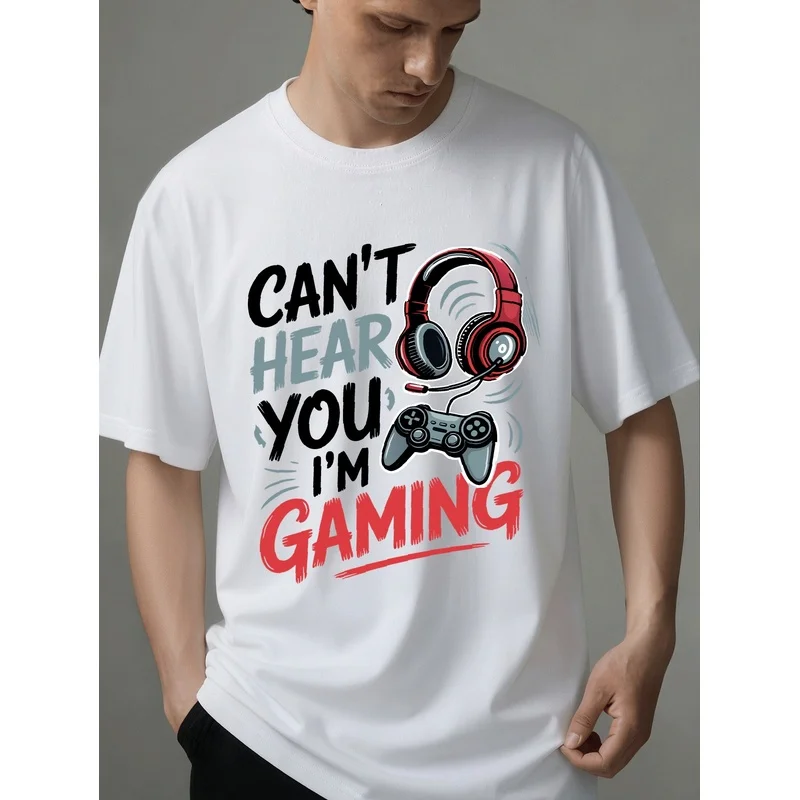 Men's High-quality T-shirt, Fun 'Game Headset Printed T-shirt, Men's Short Sleeve T-shirt, Regular Casual Daily Men's Top