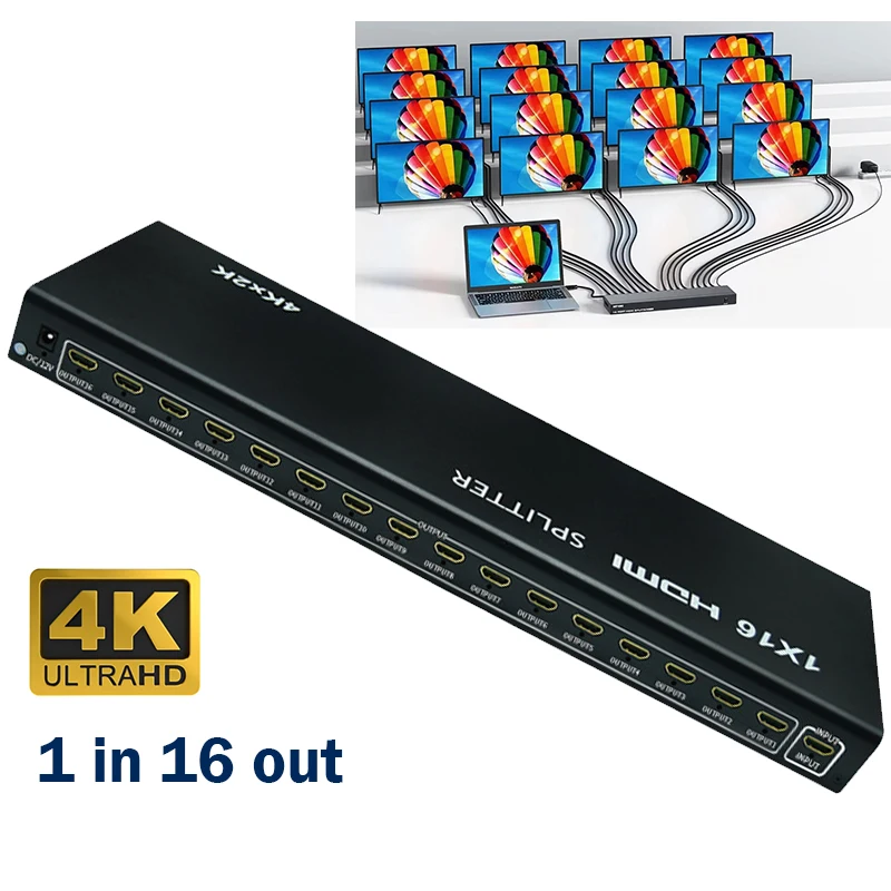 

16 Ports 4K@30Hz HDMI Splitter 1 in 16 out HDMI Video Distributor 1x16 Full HD Duplicate Display for Laptop PC Ps4/5 TV Monitor