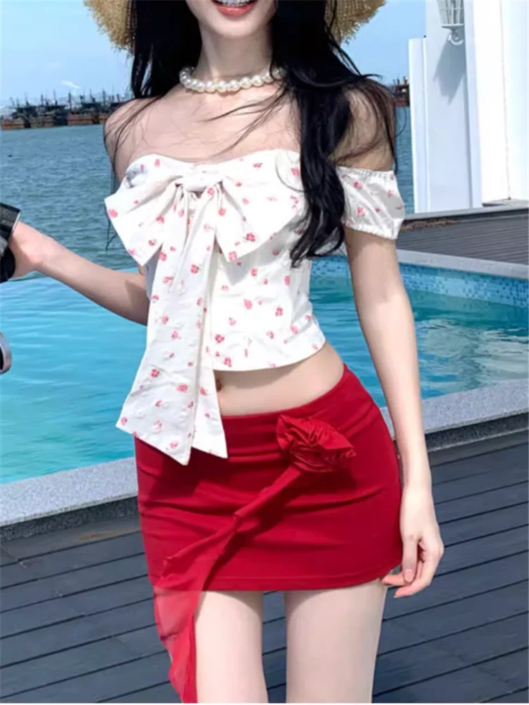 

Sweet Sexy Girl Summer 2 Pieces Dress Sets Slash Neck Floral Print Short Shirt Top&Red Pencil Mini Skirt 2pc Chic Holiday Suits