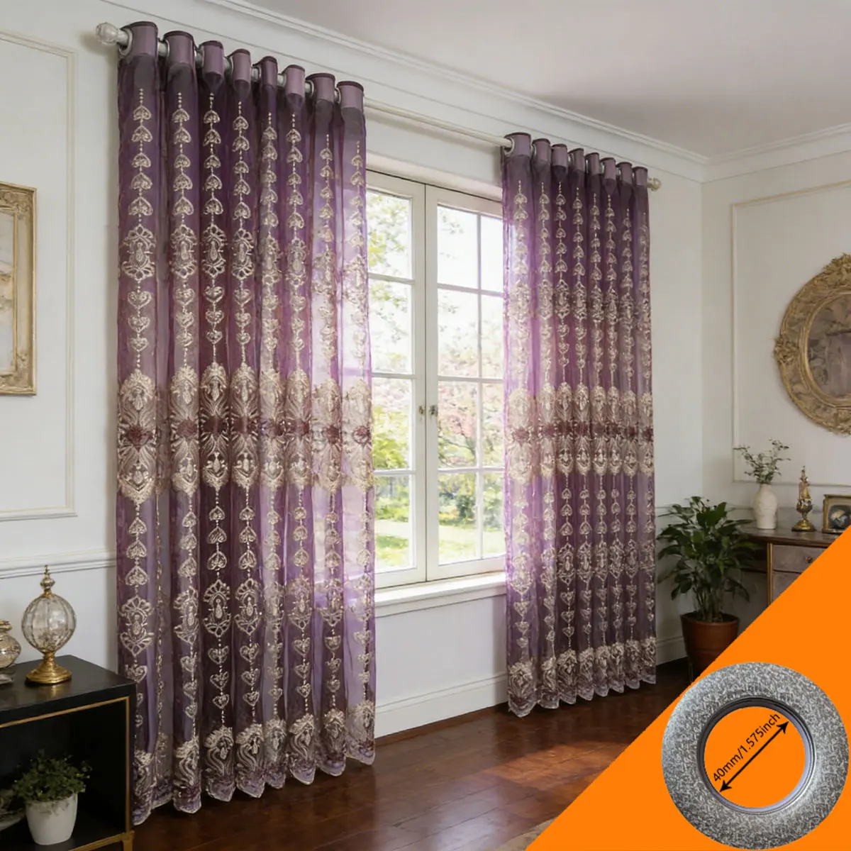 2pcs Luxury Purple & Gold Embroidered Sheer Curtains, Transparent Voile Drapes for Living Room & Bedroom