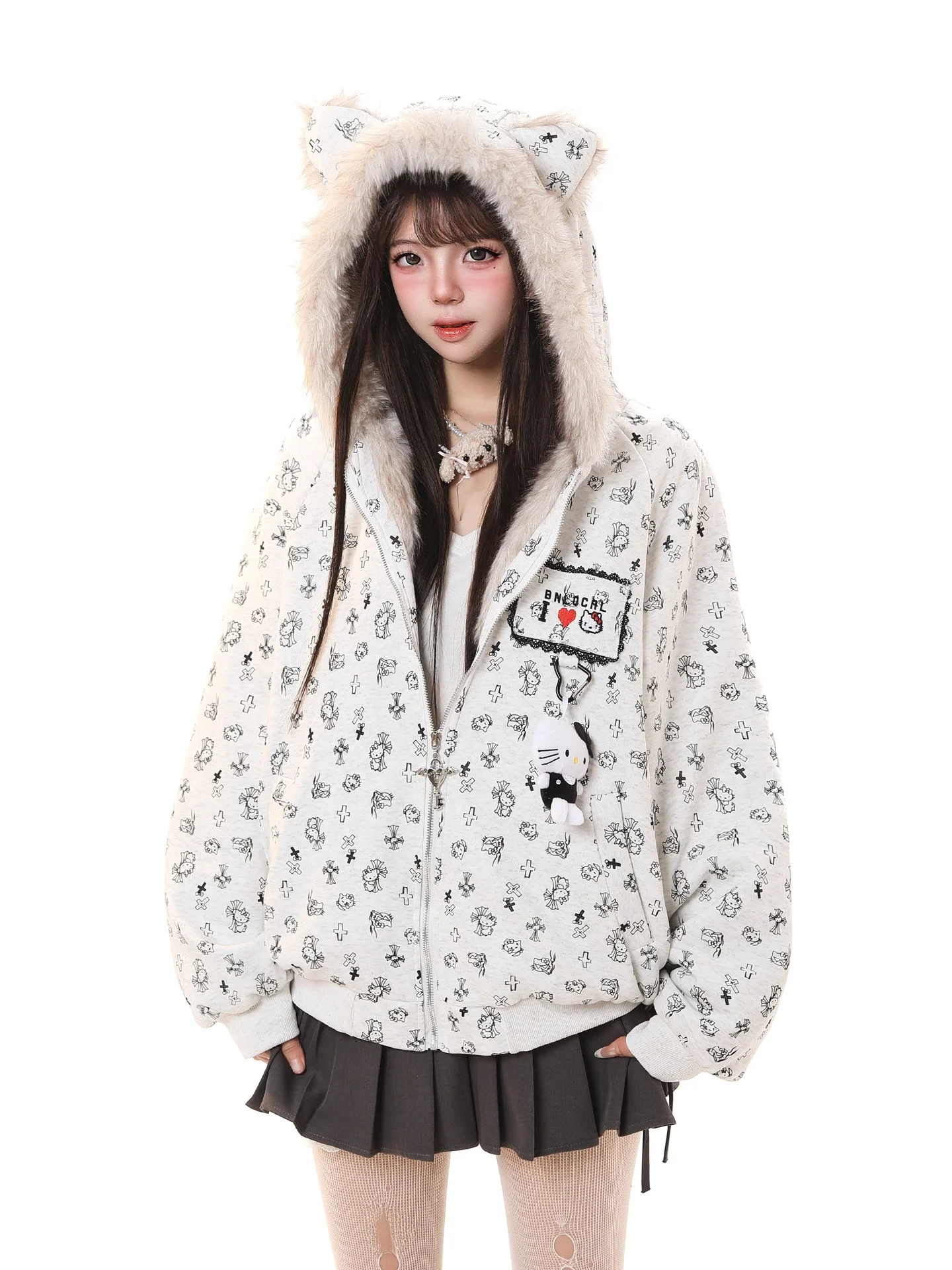 

Новая женская зимняя свободная теплая хлопковая куртка с капюшоном, мультяшным принтом и пушистыми ушками, верхняя одежда