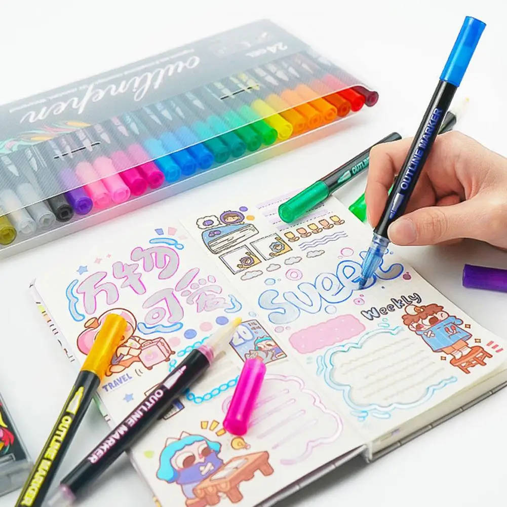 

Breakage-resistant Highlighters Dual-tip Outline Pens Marker Set for Crafts Notes Fluorescent Highlighters with for Girls