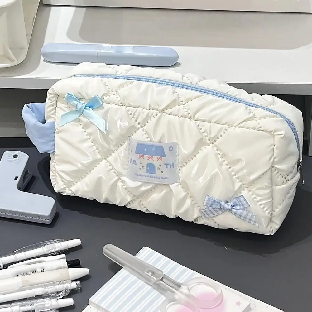 Cute Minimalist Milk White Butterfly Bow Pencil Case Large Capacity Layered Storage Portable Stationery Bag for School & Office
