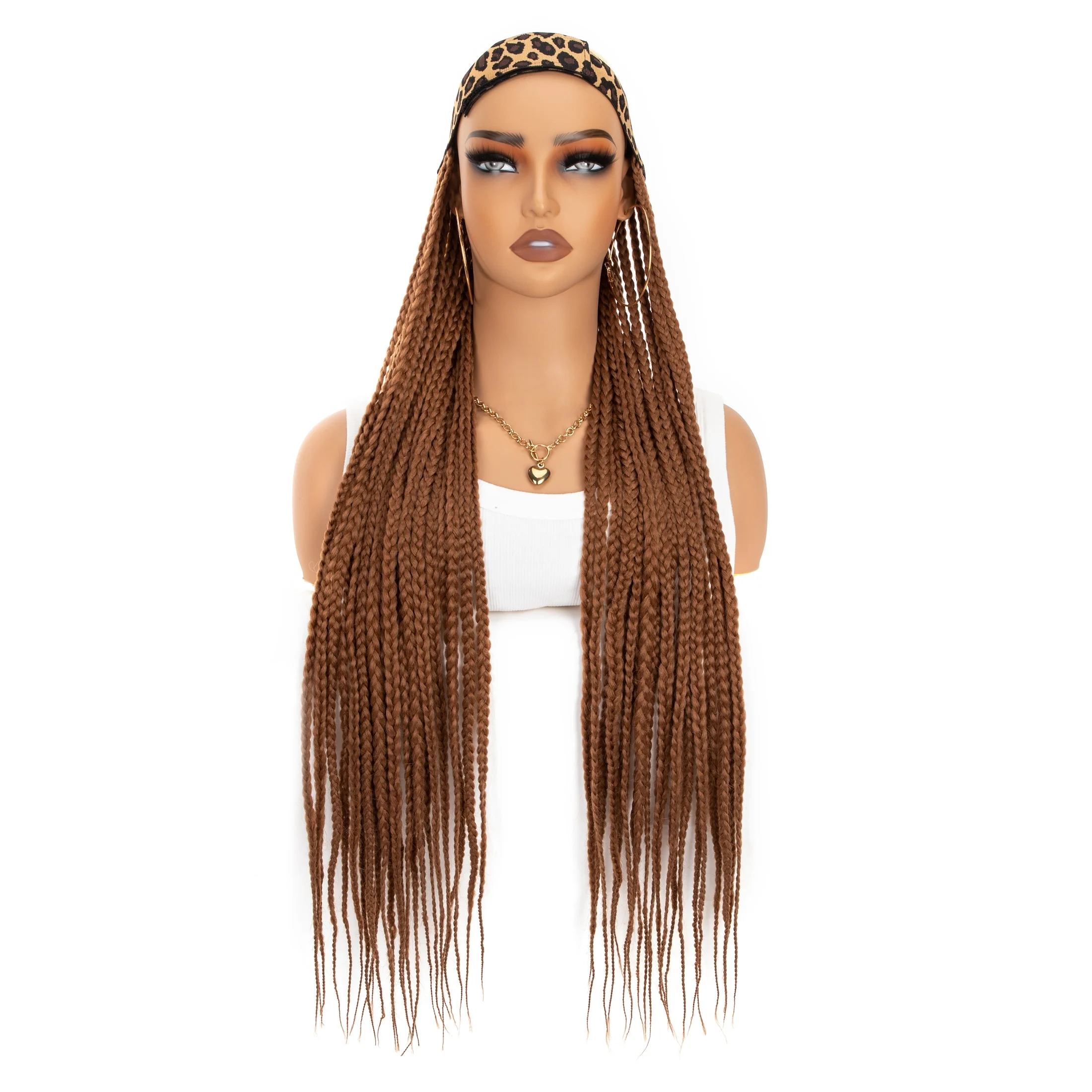 WIGERA Long Brown Braided Synthetic Wigs With Elastic Band Headband And Turban Hat Box Braiding Hair Extensions For Women