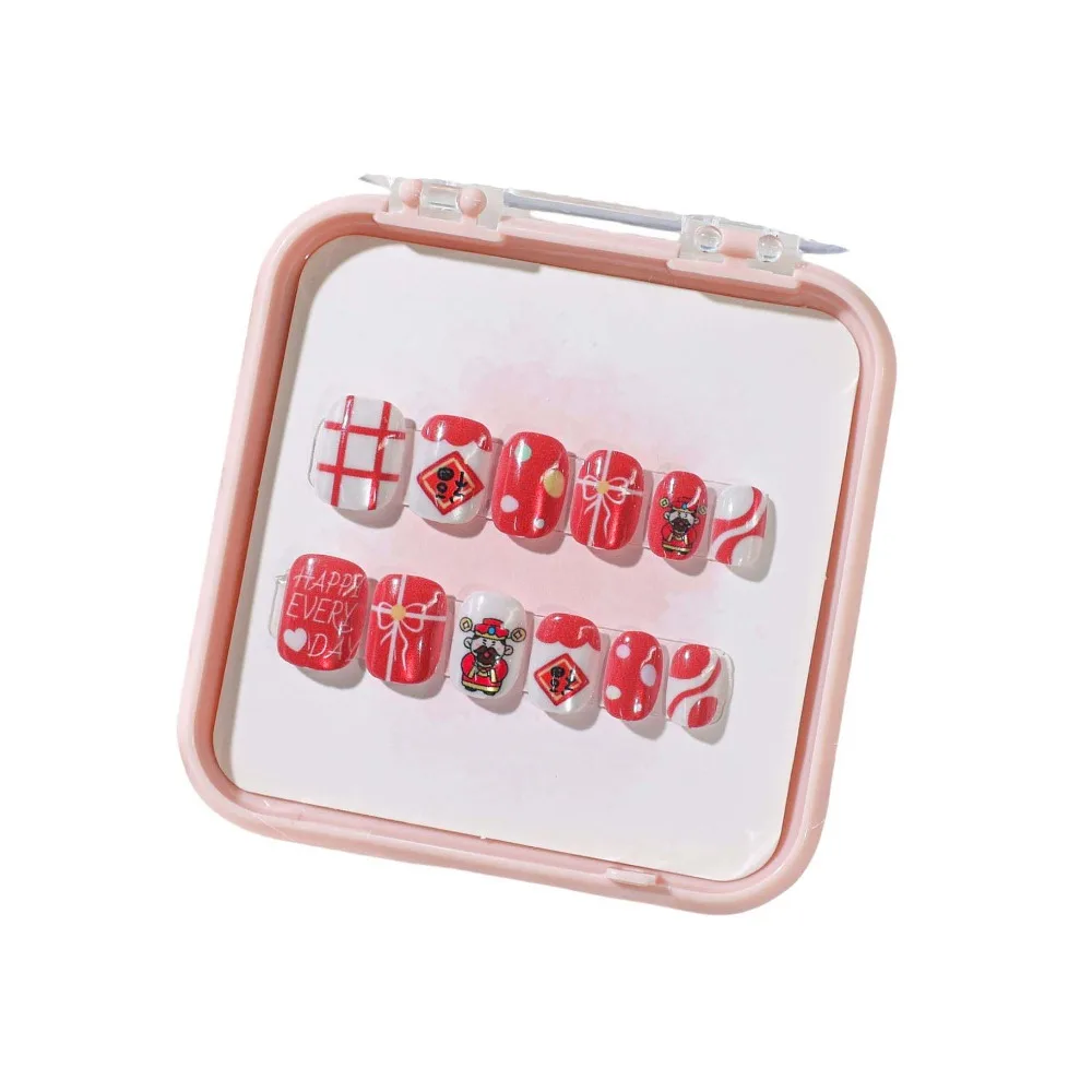 

Gilded Cat Eyes Children False Nails Short Square Shaped Nail Supplies Kids Fake Nail Extension Bowknot Press on Nails