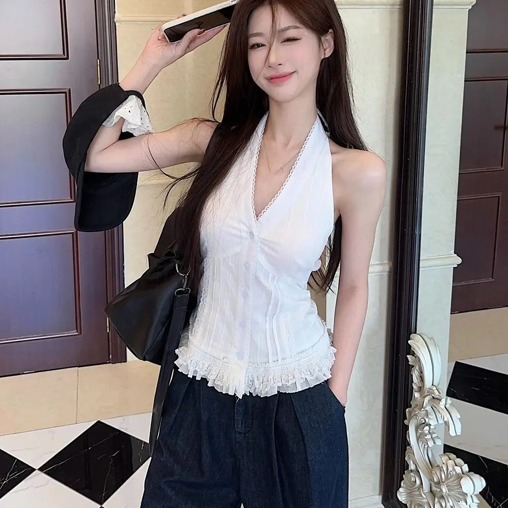 Fashion V Neck Lace Halter Crop Top Sweet Sleeveless Lace Vest Top Girl Korean Style Slim Fit Hanging Neck Camisole Summer