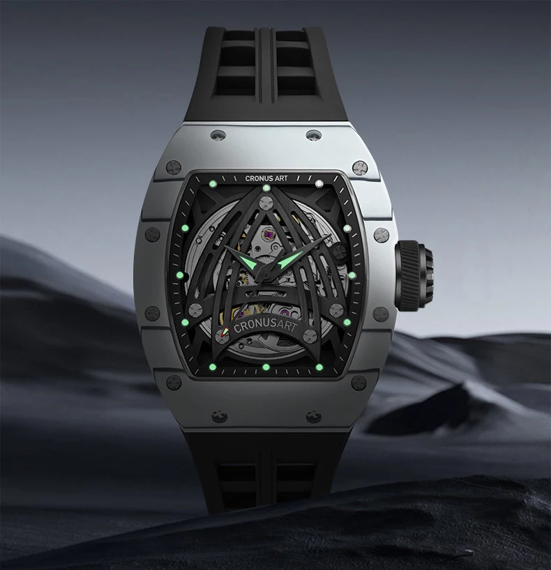 CRONUSART Men Automatic Watch Tonneau Carbon Fiber Case Sapphire Mirror Mechanical Wristwatch Luminous Skeleton Dial SW200