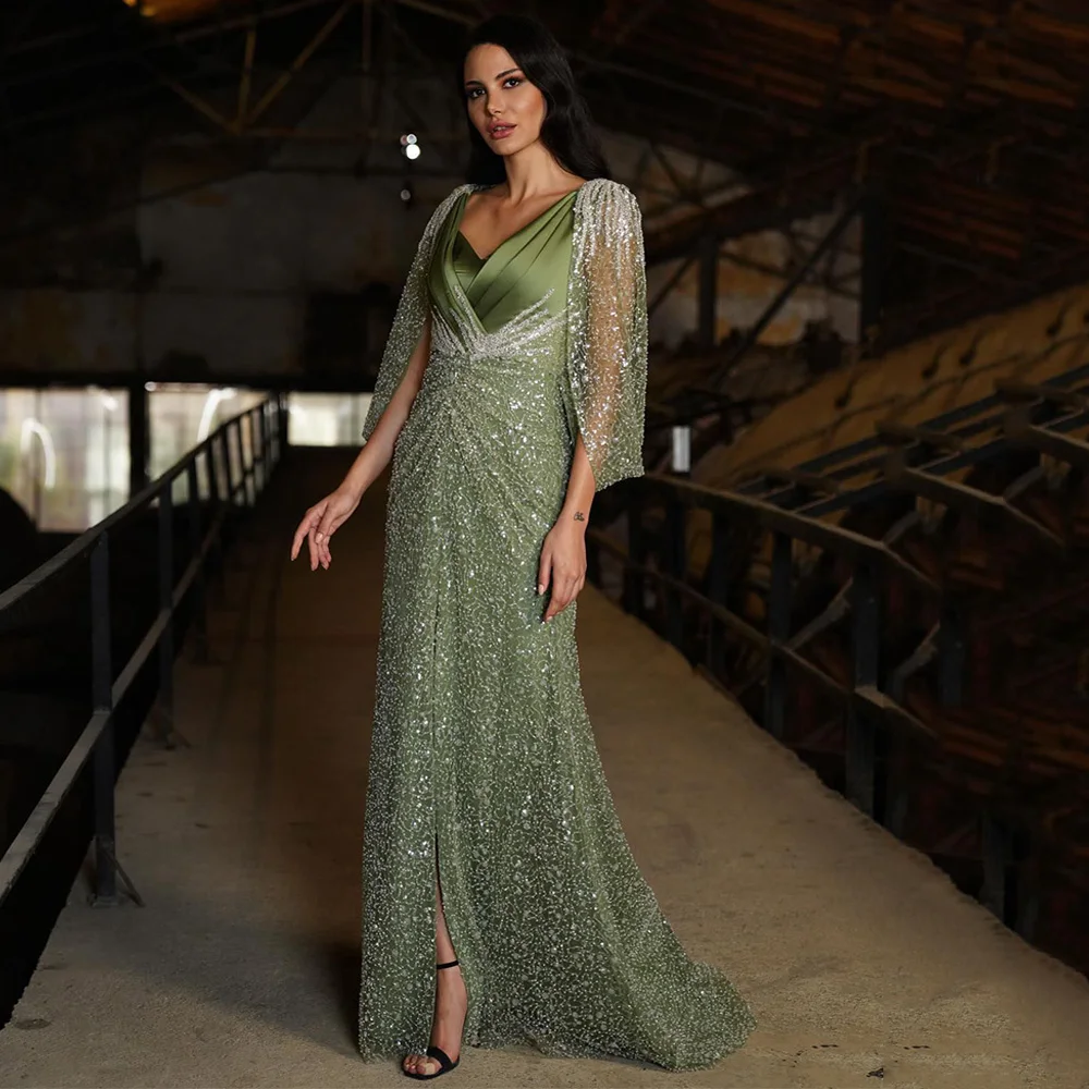 Mesprit Olive Green Mermaid Evening Dress 3/4 Sleeves V Neck Pleat Slit Beading Sequined Special Occasion Dresses Saudi image 4
