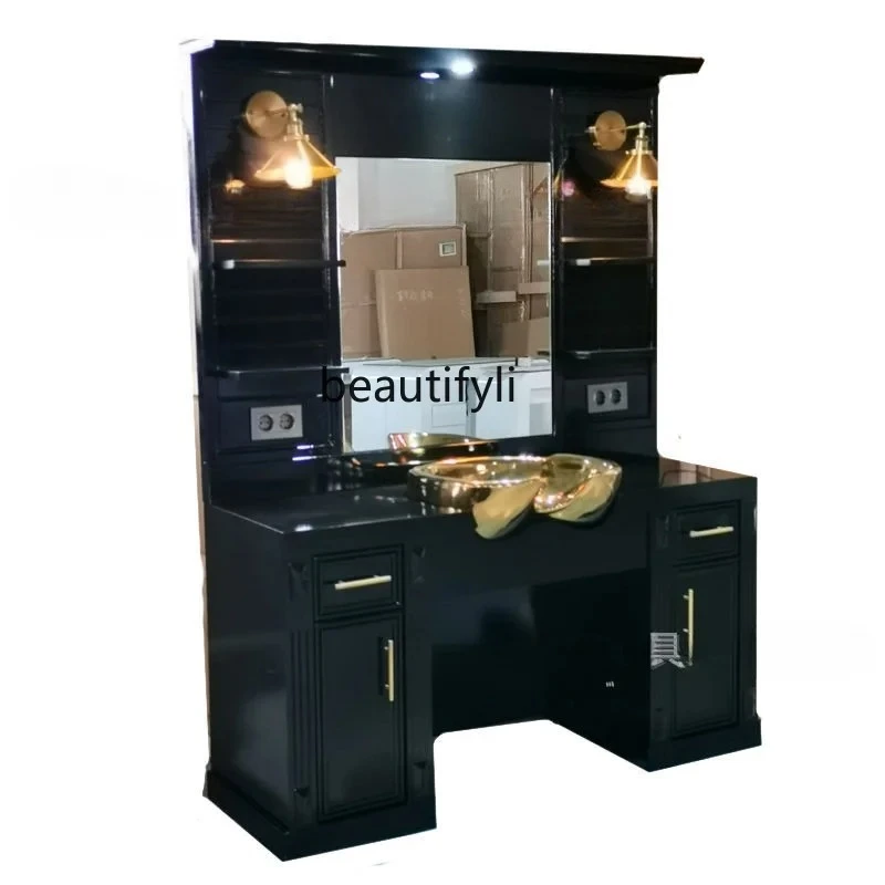 

Beauty Barber Shop Mirror for Hair Salon Vintage Solid Wood Hairdressing Mirror Table Cabinet Integrated with
