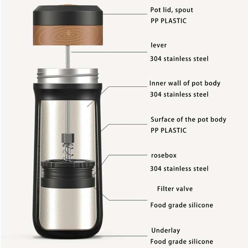 Edelstahl-Reise-French-Press-Kaffeemaschine, Outdoor-Reise-Wasserkocher, tragbare French-Press, geeignet für Büro oder Zuhause