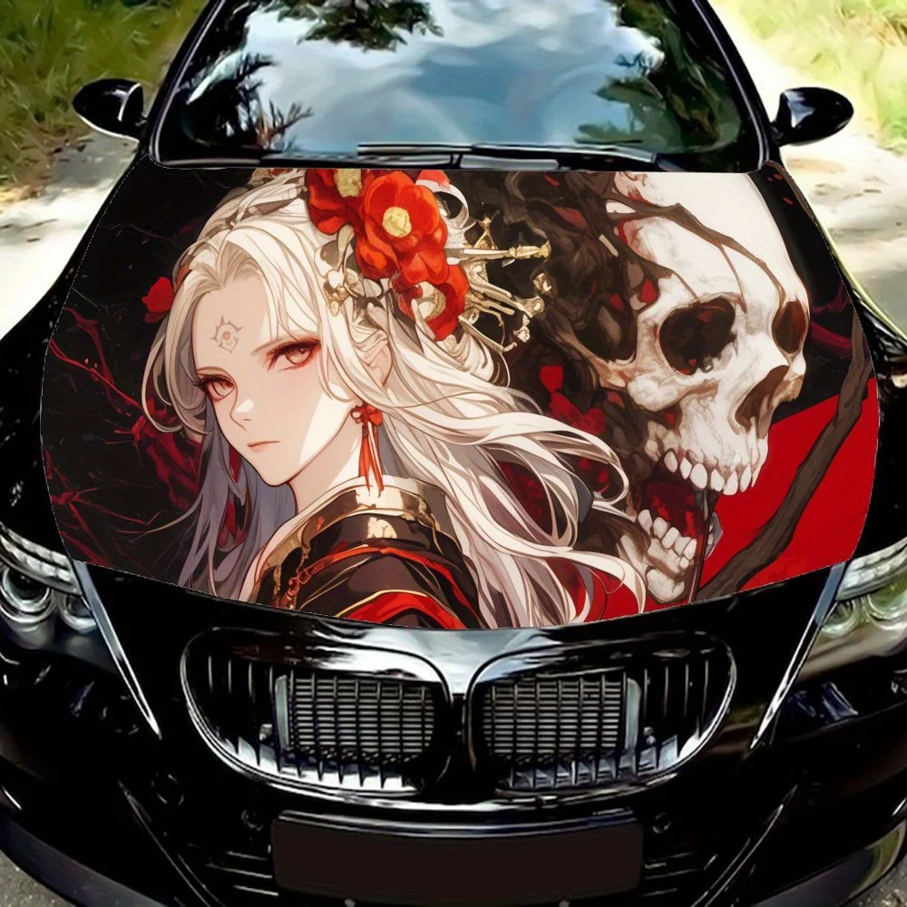 

Japanese Style Ghostly Skull and Girl PVC Car Vinyl Wraps for Trucks, Cars & SUVs, Self-Adhesive Waterproof Car Hood Decal, Deco