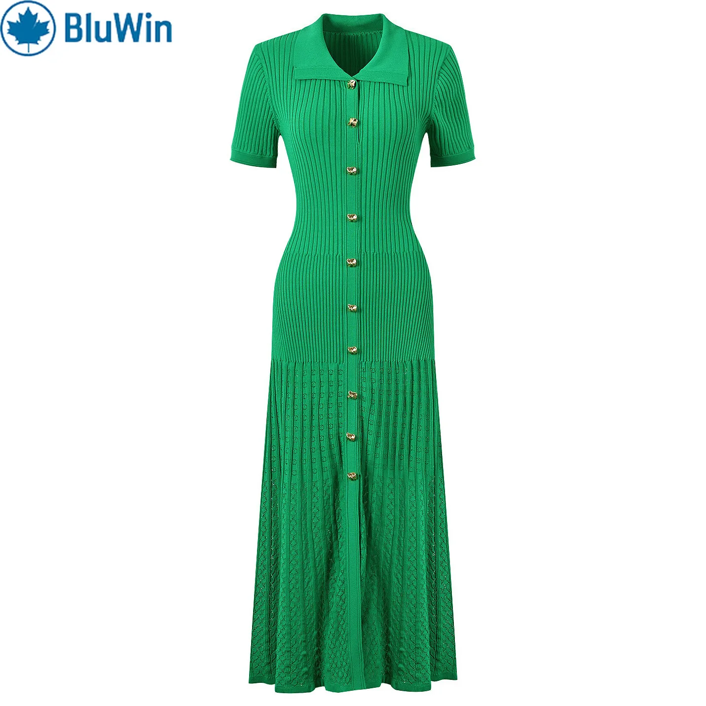 

BluWin Ribbed Knit Midi Dress for Women Polo Neck Short Sleeve Button Down Slim Fit Front Split
