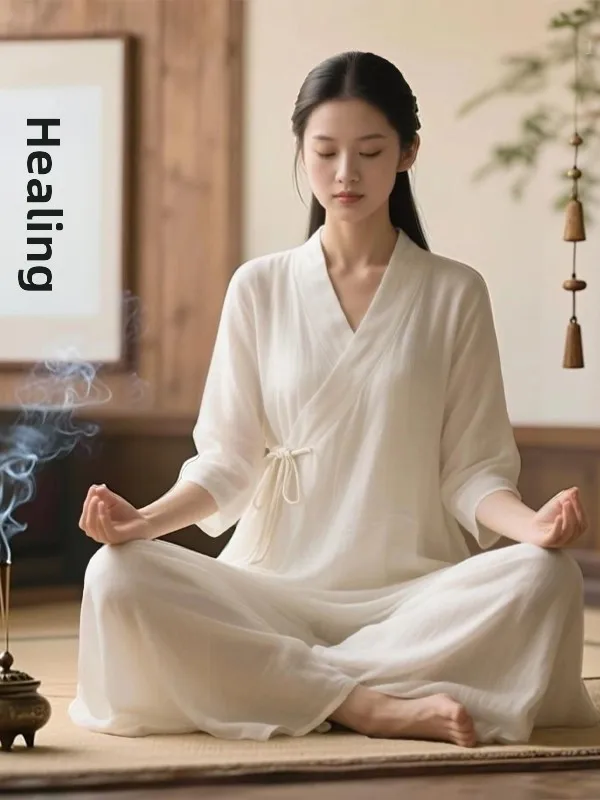 

New Chinese Style Cotton Linen Set Tai Chi Clothes Zen Women's Meditation Healing Breathless V-neck Seven-sleeved Loose Fit