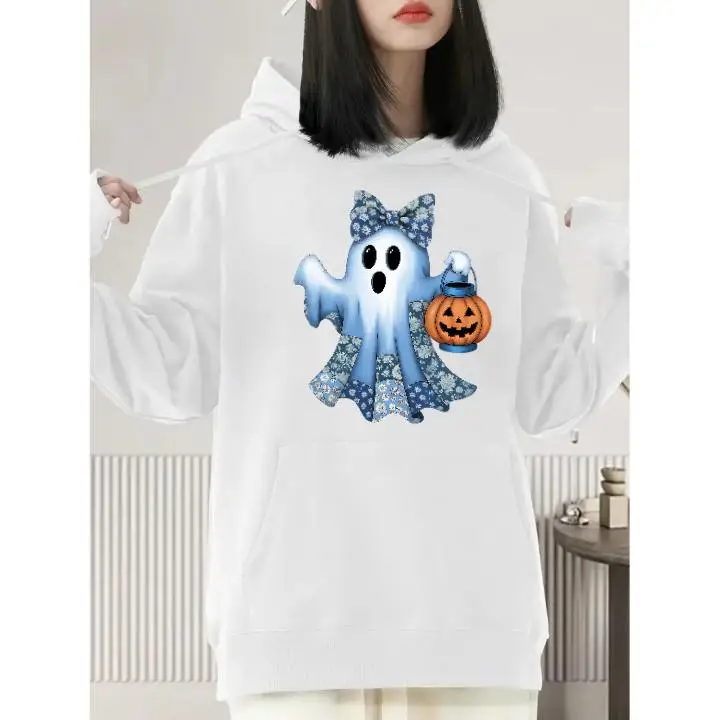 

Cute Ghost Hoodie for Women, Kawaii Pumpkin Graphic Hooded Sweatshirt, Halloween Spooky Funny Loose Top