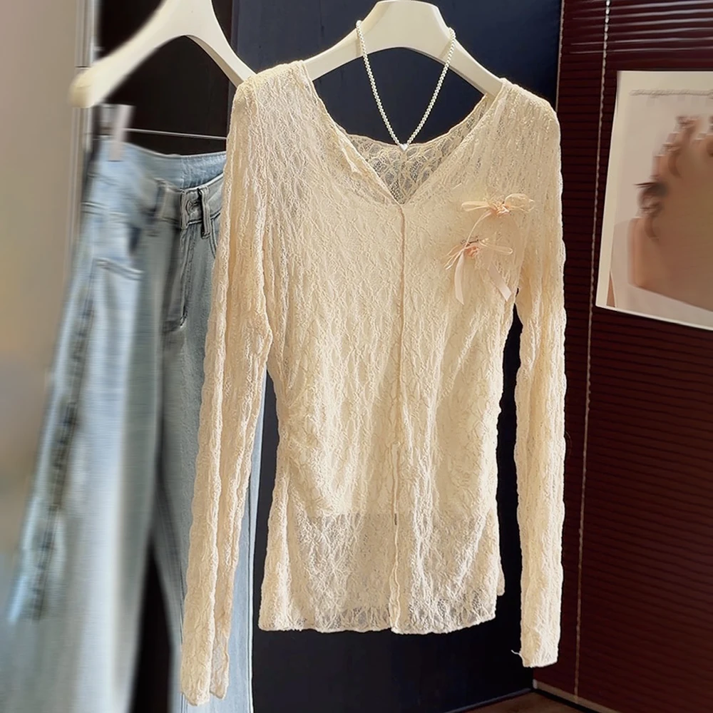 Hollow Out Lace Long Sleeve Cardigans+Tank Tops 2Pcs Set Women Summer Slim V-neck Bow Sheer Lace Blouse Sun Protection Shirt
