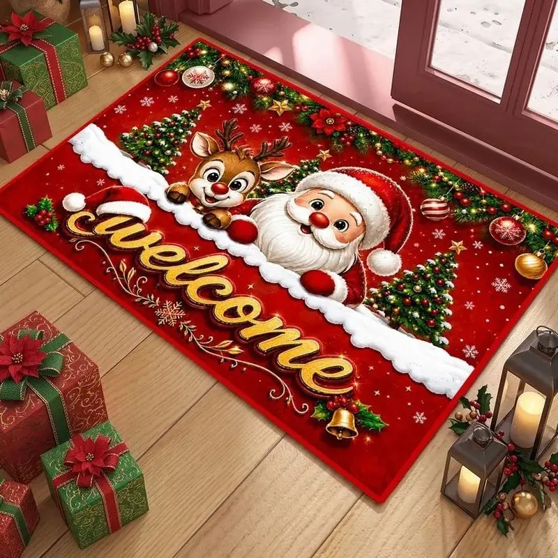 VIKAMA Four Gnomes Merry Christmas Door Mat Xmas Welcome Rug For Entryway Front Door Porch Indoor Outdoor Winter Home Decor