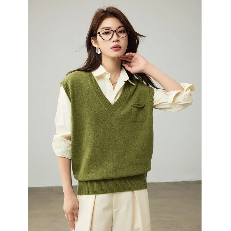 

Autumn 100% Merino Wool Sweater Vest Women V-Neck Pocket Loose Knitted Vests