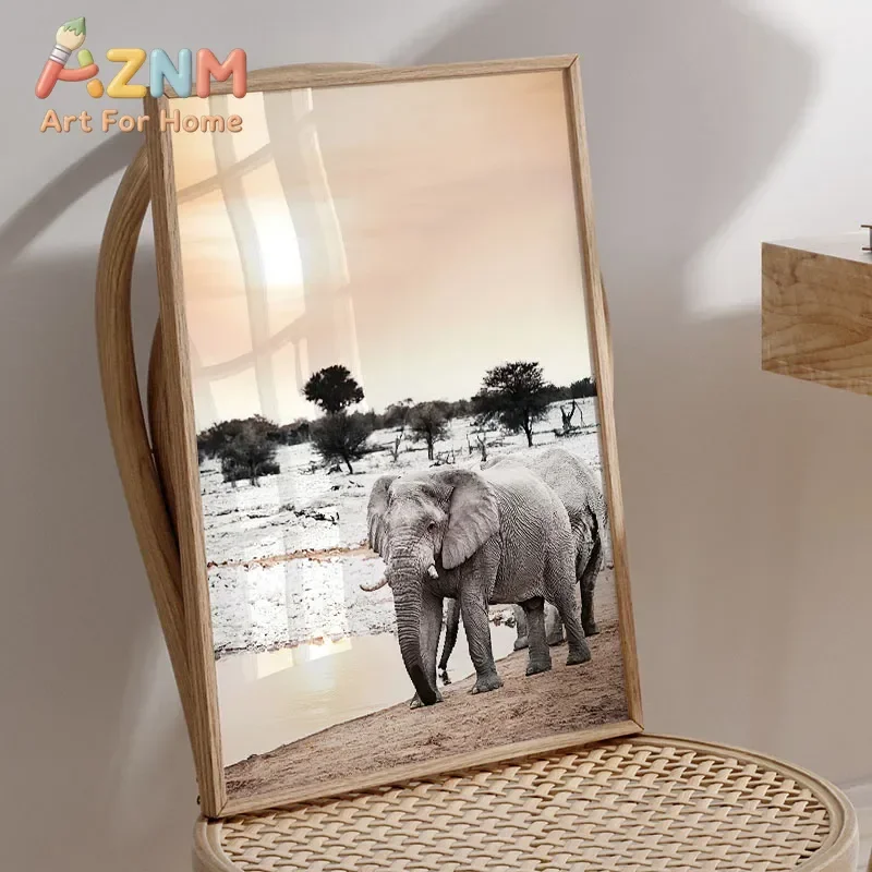 1pc frameless Lion Giraffe Elephant Reed Autumn Grassland Lake Wall Art Canvas Painting Posters And Prints Wall Pictures For Liv