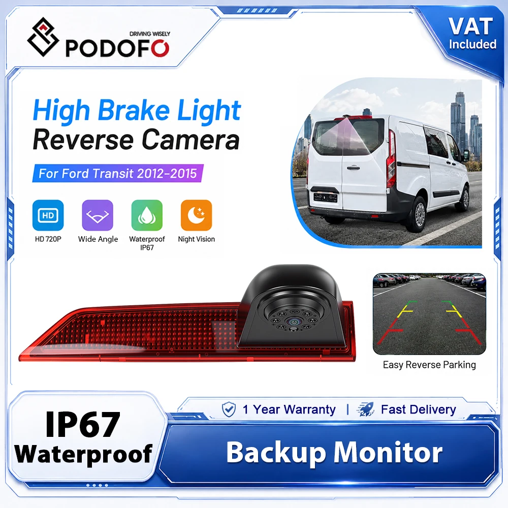 Caméra de freinage montée sur le dessus Podofo pour Ford Transit 2012-2015 140 °   Caméra de recul grand angle AHD/CVBS double signal HD vision nocturne étanche IP67 avec câble de 10 m