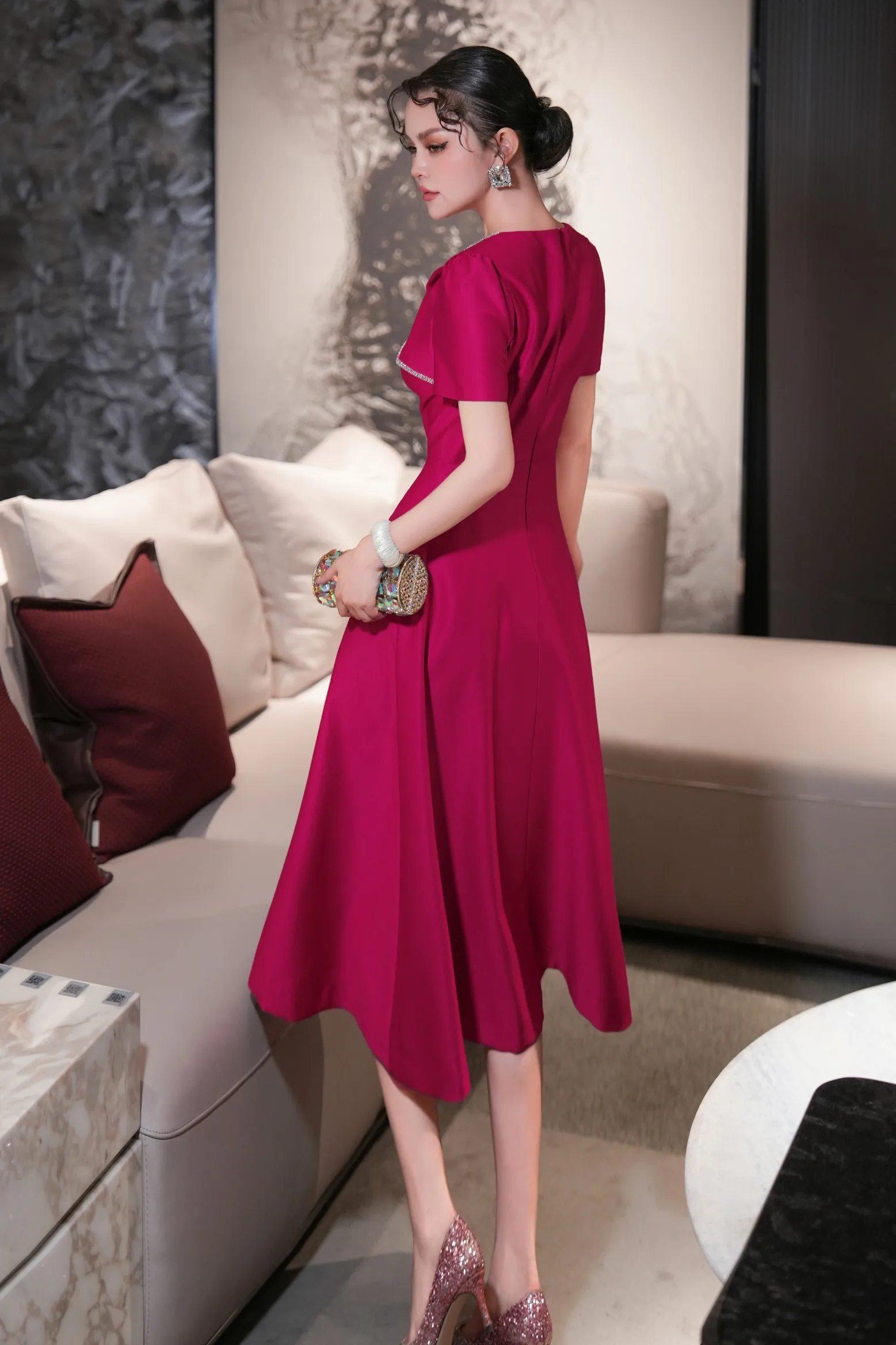 Zjyt primavera verão elegante frisado ocasião especial vestidos de festa para mulheres manga curta cor sólida midi aline vestido feminino robe