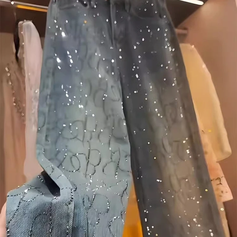 Jean strass femme 2025 |   Pantalon à jambes larges artisanaux taille haute, pantalon longueur au sol coupe droite coupe ample printemps-automne