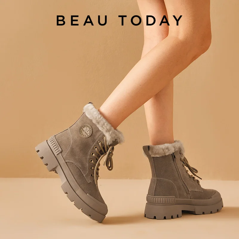 BeauToday Winter Boots Women Suede Leather Platform Ankle Boot Zip Closure Ladies Warm Fur Shoes Handmade 08215