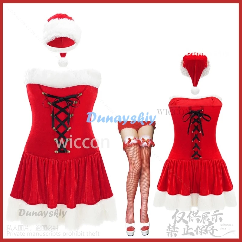 Anime Kerst Cosplay Kostuum Hoge Kwaliteit Vrouwen Sexy Rood Fluwelen Vakantie Jurk Kousen Kerstman Cosplay Lolita Aangepast