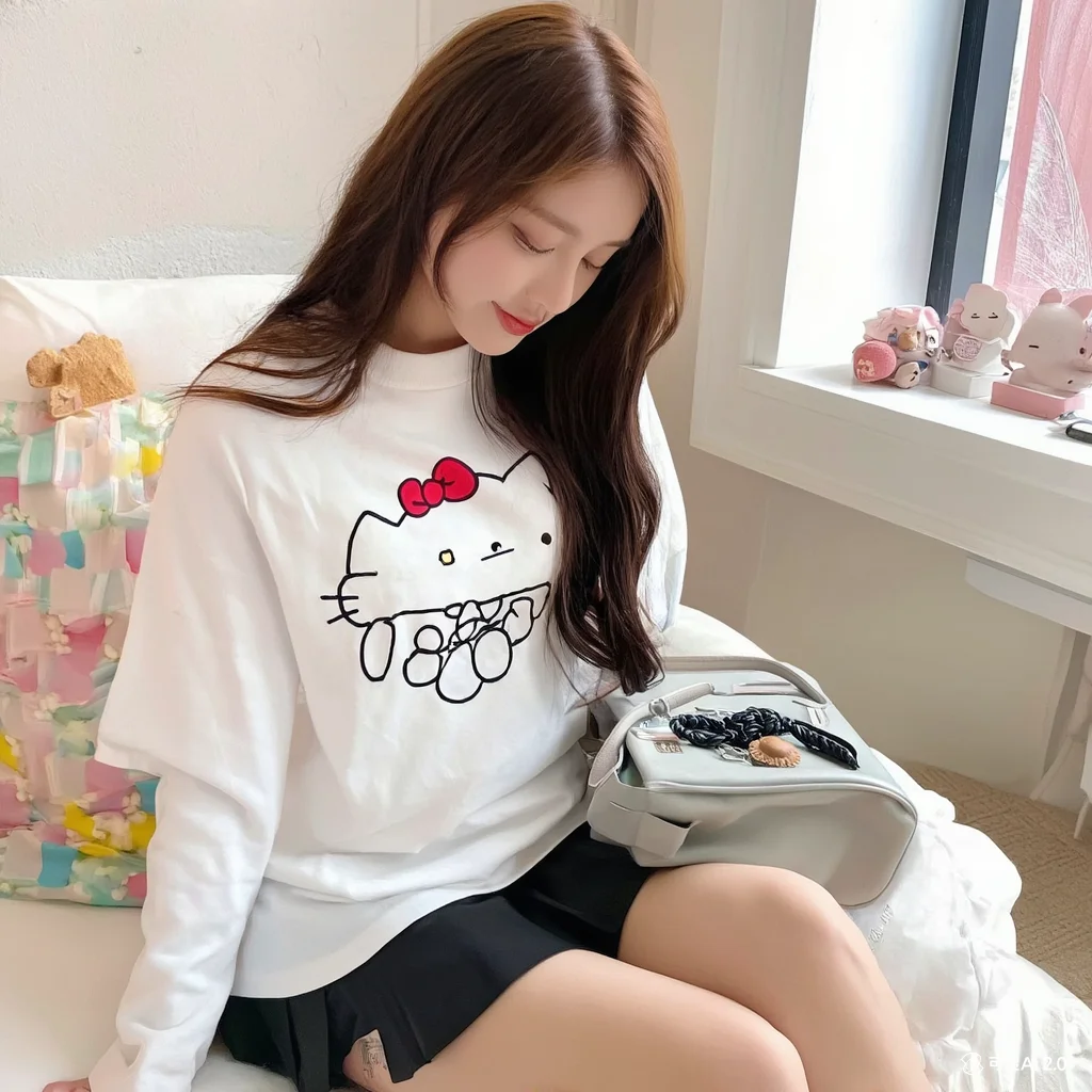 

Kawaii Hello Kittys Trend Свежая милая корейская версия Литература Ретро с длинными рукавами и принтом Литература с круглым воротником Универсальная