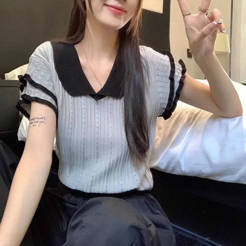 Summer New Casual Loose Short Sleeve Knitted Top Color Contrast Flying Sleeve Temperament