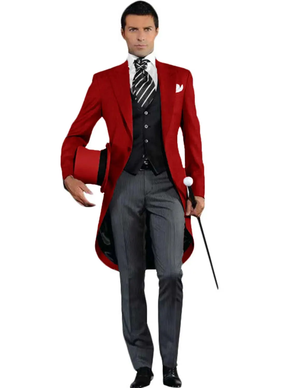 Red Men Suits 3 Piece Long Tail Coat Gentleman Groom Tuxedo for Wedding Prom Male Blazer Costume Homme Jacket Vest Pants