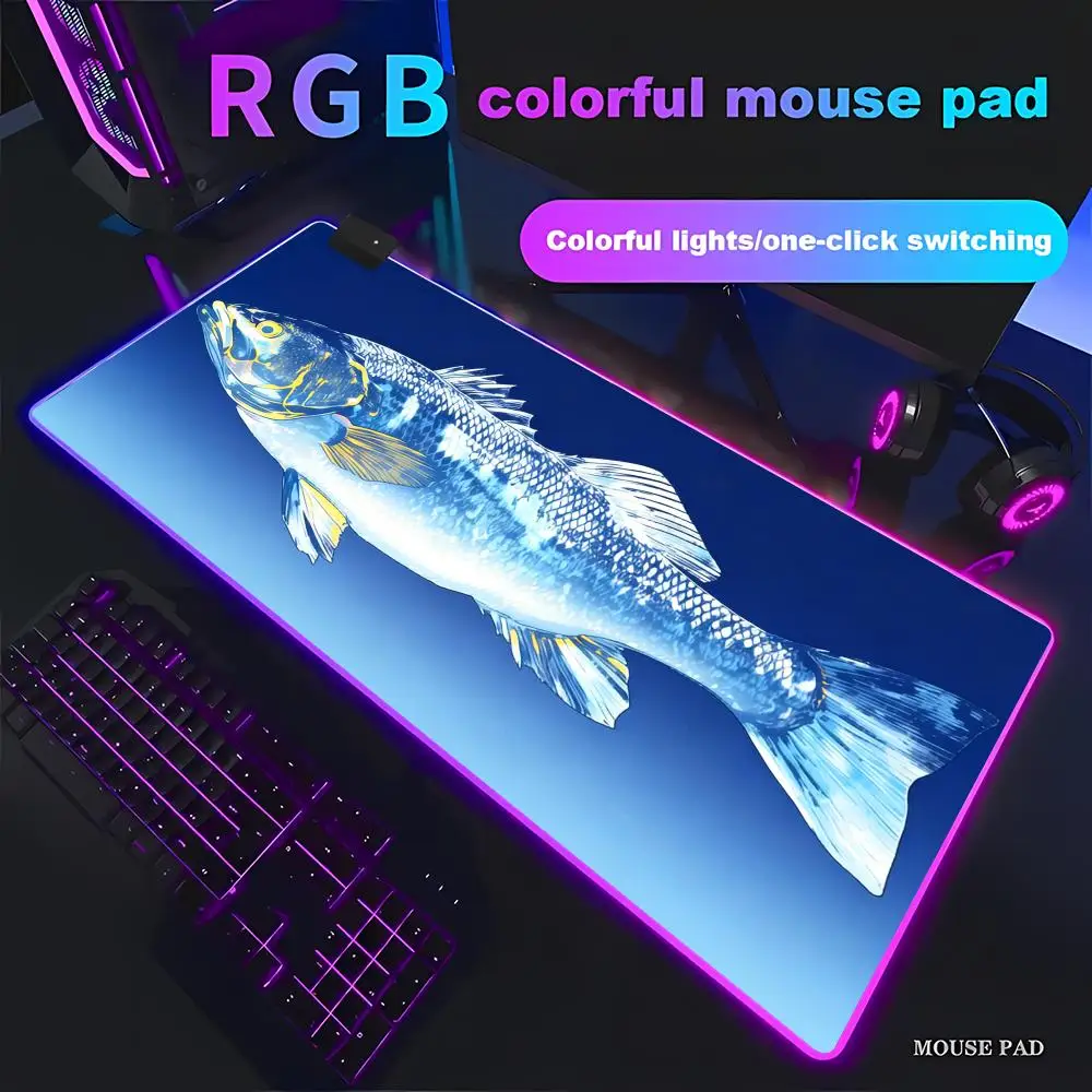 

HYBXAXC Striped Bass Desk Mat Colorful Ocean Scene Mouse Pad Animation Games RGB HD Gamer Large LED XXL PC Computer pad