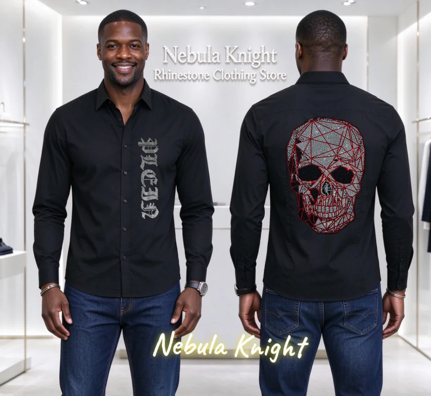 Luxury Men's Black Rhinestone Skull Pattern Button down Shirt Long Sleeve Slim Fit Casual Business High Street Daily Top