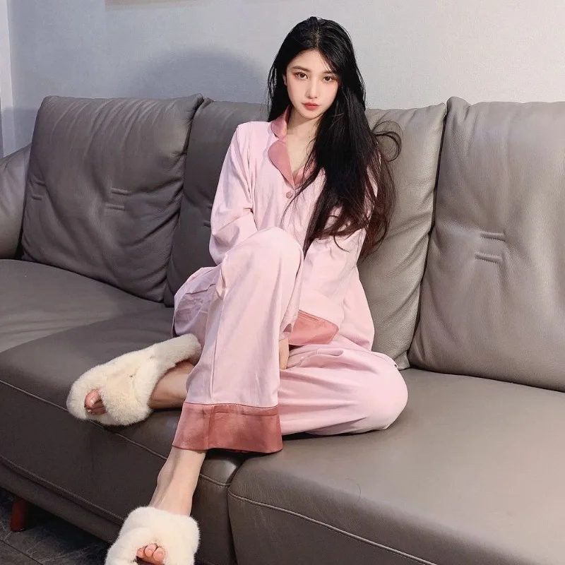 French Contrasting Lapel Long Sleeved Pajamas Women's Spring Autumn V-neck Sleepwear 2024 New Casual Pants Loose Homewear Set