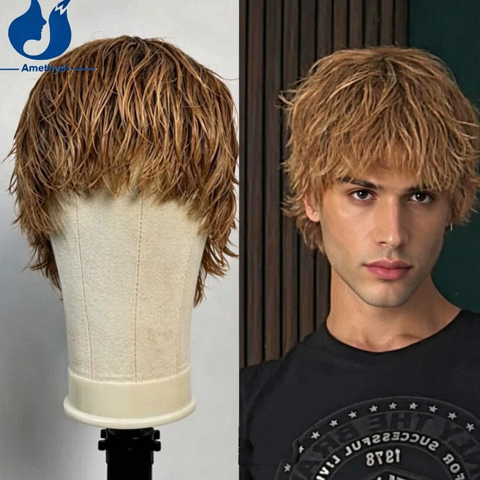 Amethyst Wet Short Blonde Wig for Men Brazilian Remy Human Hair Scalp Top Full Machine Made Wig with Bang Straight Copper Brown