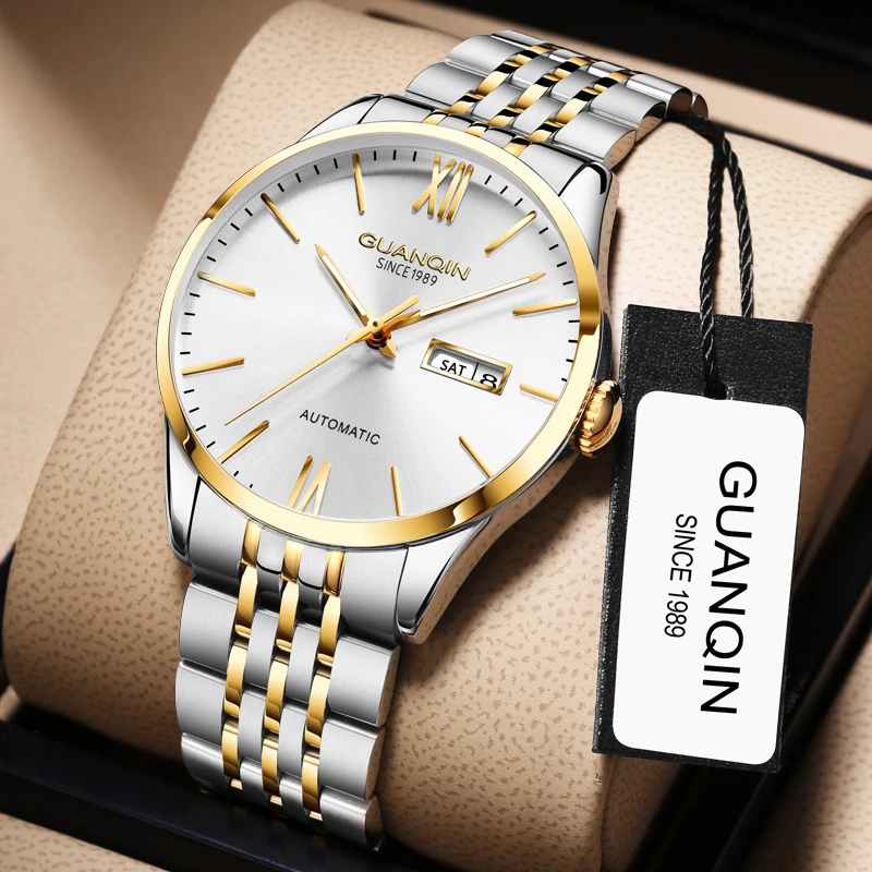 

GUANQIN Роскошные мужские автоматические механические часы с простым циферблатом из нержавеющей стали, еженедельный календарь с дисплеем, наручные часы для мужчин