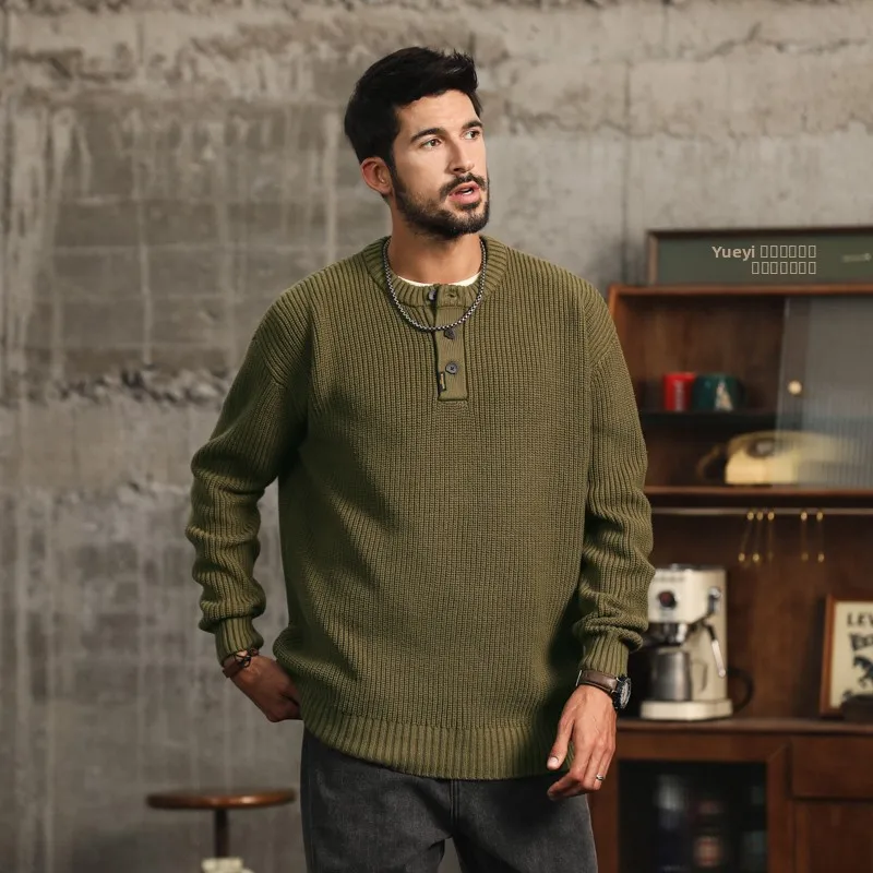 

American Retro Knitted Henry Sweater Men's Thiened Horizontal Stripes Hooded Coat Autumn Winter Trendy Lazy Sle Outerwear