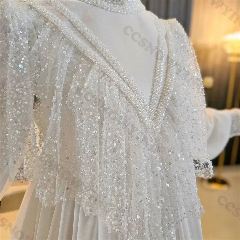 Chiffon Sequin Beaded Muslim Wedding Dress for Bride Long Sleeve Hijab Islamic Bridal Gowns Women Arabic Dubai Robe De Mariée