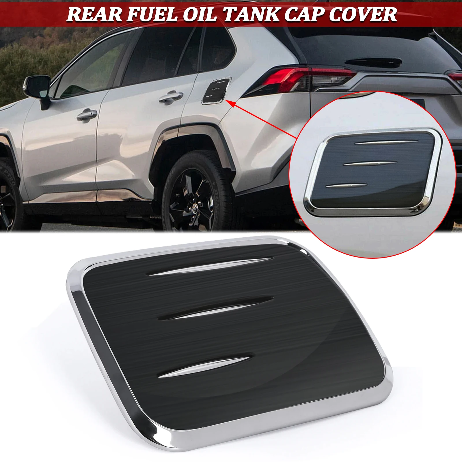 Black & Chrome Surround Rear Fuel Oil Tank Cap Cover Kit Protective Decoration For Toyota RAV4 2019 2020 2021 2022 2023