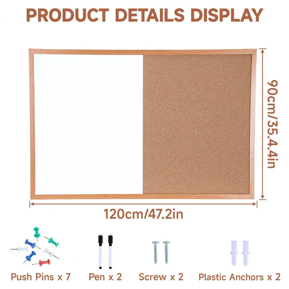 Wood Frame Dry-Erase Cork Combo Board, Magnetic Whiteboard & Bulletin Vision Board with Markers Push Pins
