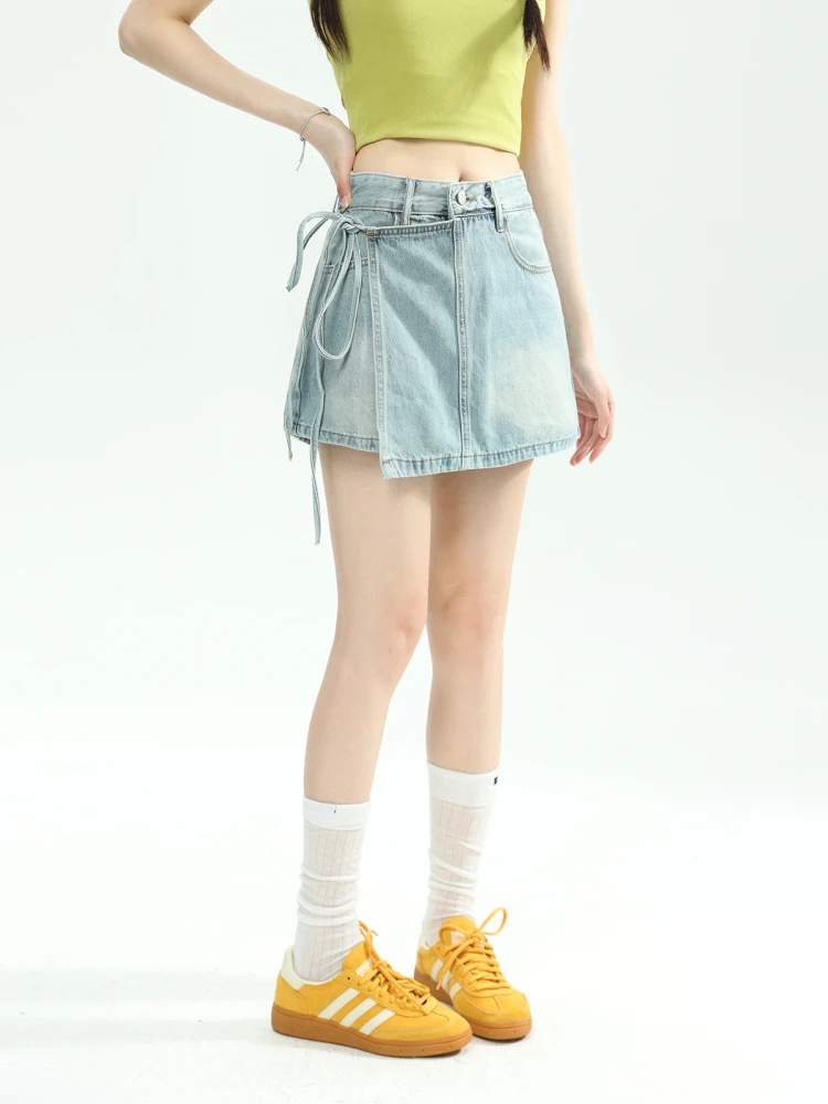 

American Retro Fake Two-Piece Denim Jeans Women Summer Irregular Belt Design ort Pants Spicy Girl High Waist Blue Jeans