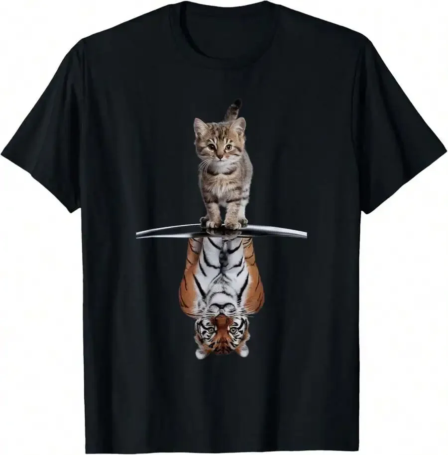 Unisex Kitten Tiger Reflection Art Graphic T Shirt Cute Cat Wild Tiger Mirror Print Cat Lover Gift Crew Neck Short Sleeve Casual Summer Tops
