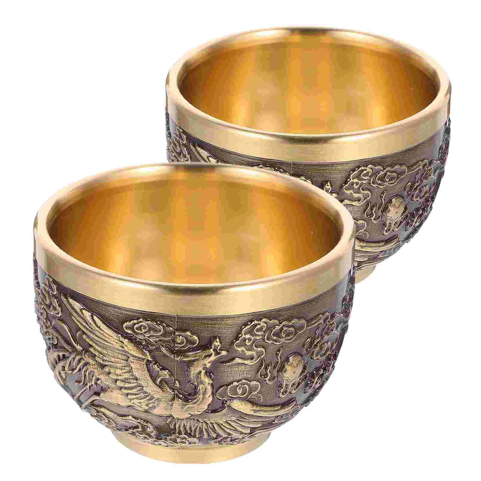 2 Pcs Brass Teacup Chinese Style Retro Small Copper Drink Teaware Home Decor Glasses