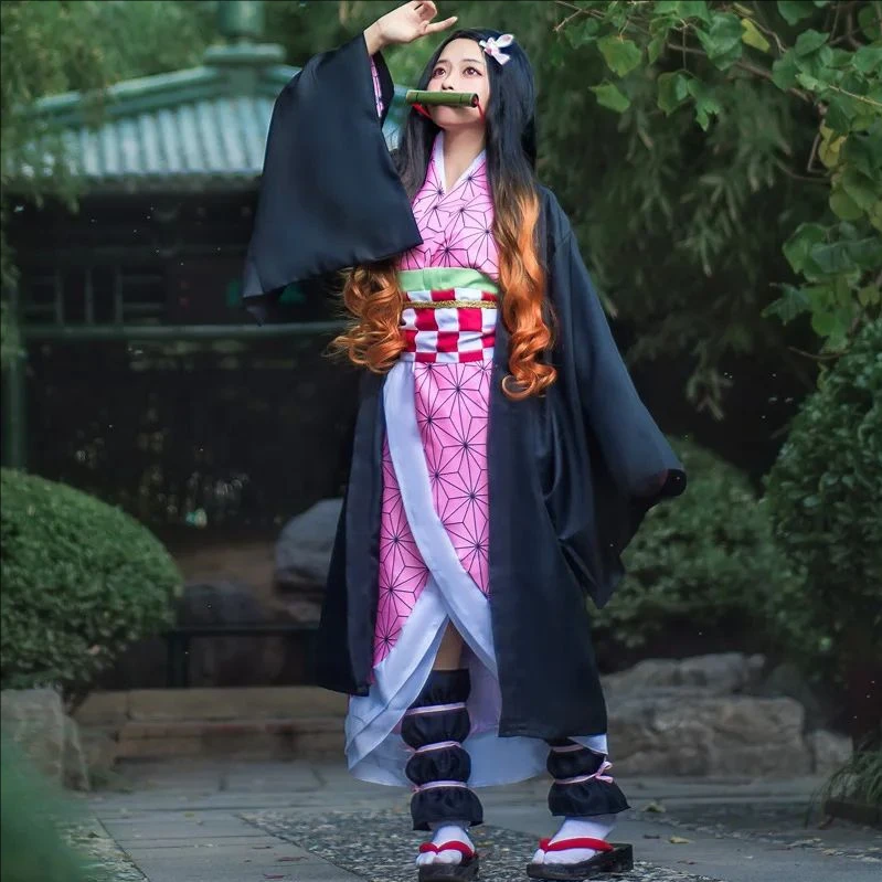 Anime Nezuko Cosplay Kamado Nezuko Cosplay Costume Nezuko Wig Uniform with Props for Adult Kids Halloween Carnival Costumes - view 5
