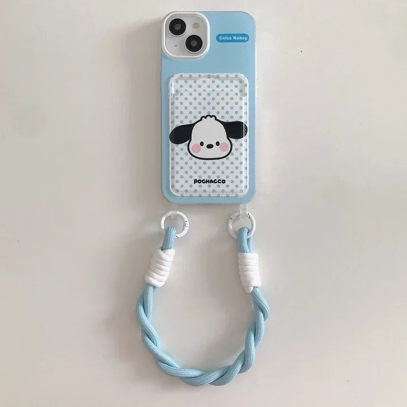 Cute Sanrio Wave Point Pochacco Card Pocket Phone Case For iPhone 15 14 13 12 11 Pro Max Soft TPU Back Cover Bule lanyard